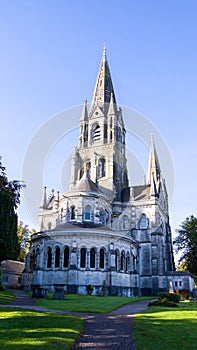 View of the old Christian Cathedral of the 19th century in the Irish city of Cork. Christian religious architecture in the Neo-