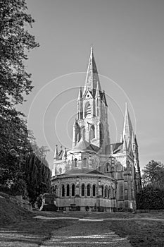 View of the old Christian Cathedral of the 19th century in the Irish city of Cork. Christian religious architecture in the Neo-