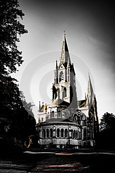 View of the old Christian Cathedral of the 19th century in the Irish city of Cork. Christian religious architecture in the Neo-