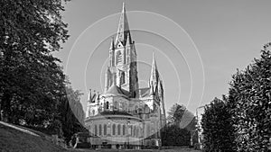 View of the old Christian Cathedral of the 19th century in the Irish city of Cork. Christian religious architecture in the Neo-