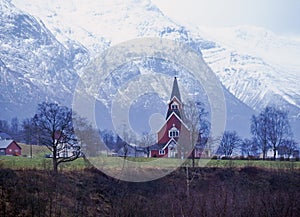 View of Old Church in Olden, Norway