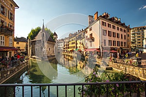 View of the old city of Annecy . 12th century prison and Thiou river in Annecy, France.