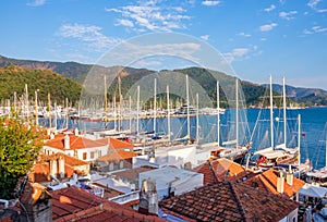 View of the old city and the bay with yachts, Mammaris, Turkey