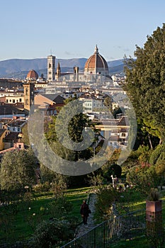 View of the old city of Florence from Giardino delle Rose on a sunny evening