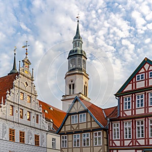 View of the old city hall building and St. Marien church in Celle in Lower Saxony