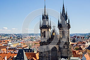 View from Old City Hall on Church of Our Lady before TÃ½n, Prague on summer sanny day