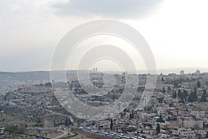 A view of old city of Jerusalem, the Temple Mount and Al-Aqsa Mosque from Mt. Scopus in Jerusalem, Israel, har hazofim