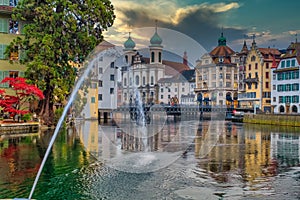 View of the old city of Lucerne from the river Reuss, Central Switzerland