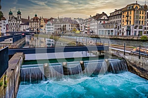 View of the old city of Lucerne from the river Reuss, Central Switzerland