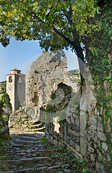 View of old clock tower ruins