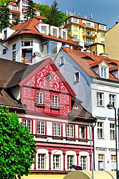 View of old colorful buildings in Karlovy Vary, Czech Republic