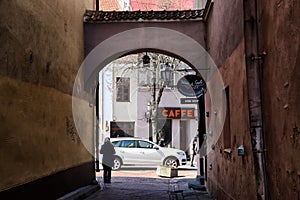 View of the old courtyard from the dark corridor