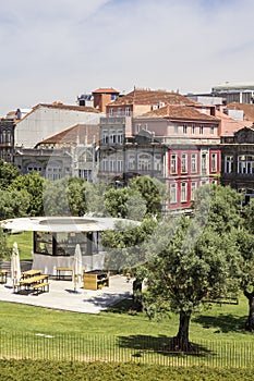 View of old downtown and renovated Lisboa square, Porto cityscape