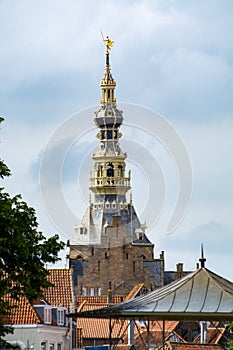 View on old Dutch houses and tower in Zierikzee, historical town in Zeeland, Netherlands