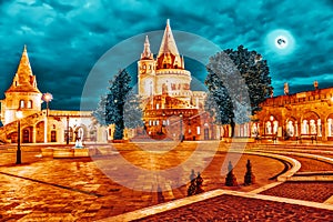 View on the Old Fisherman Bastion in Budapest. Night time