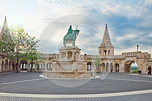 View on the Old Fisherman Bastion in Budapest. Statue Saint Istvan