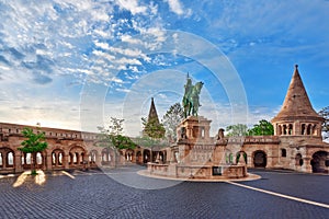 View on the Old Fisherman Bastion in Budapest. Statue Saint Istvan