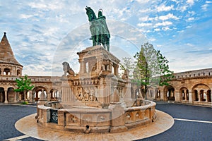 View on the Old Fisherman Bastion in Budapest. Statue Saint Istvan