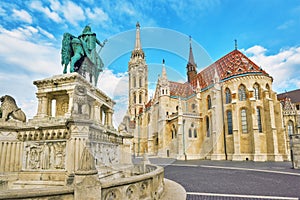 View on the Old Fisherman Bastion in Budapest. Statue Saint Istvan