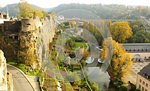 View of old fortifications and Grund in Luxembourg photo
