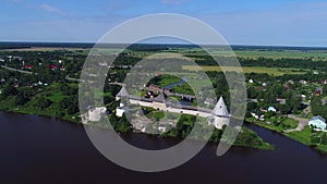 View of the old fortress from the river Volkhov aerial video. Staraya Ladoga, Russia