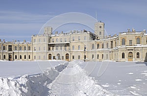 View of the old great Gatchina Palace in winter. Russia