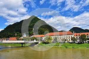 View of the old historical center of the town of Lasko and Savinja river