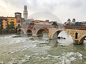 View of the old historical stone bridge Ponte Pietra