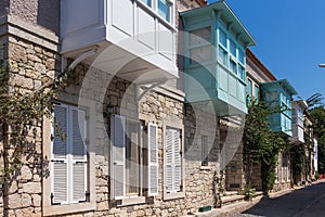 View of old, historical, traditional stone houses in famous, touristic Aegean town called Alacati. It is a village of Cesme,