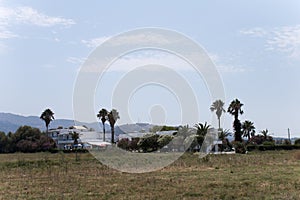 View of old hotel and palm trees at kos island