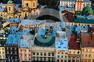 View on old houses in historic center of the Lviv. View on Lvov cityscape from the town hall