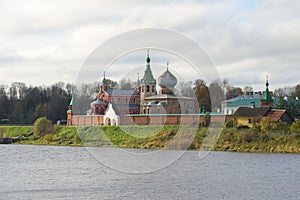 View of the Old Ladoga Nikolsky monastery in the cloudy afternoon. Old Ladoga, Russia