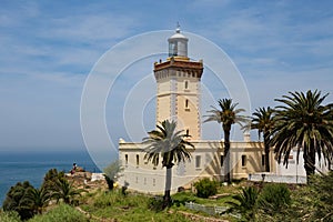 View of the old lighthouse on the Atlantic Ocean coast on the Cape Spartel in northern Morocco