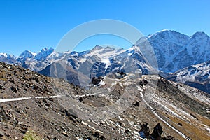 The view on the old observatory during the acclimatization walk in Mount Elbrus