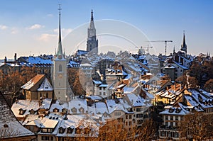 View of old part of city of Bern, Church of Nydeggkirche and Spire of Bernese Cathedral.