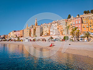 View on old part of Menton, Provence-Alpes-Cote d`Azur, France.