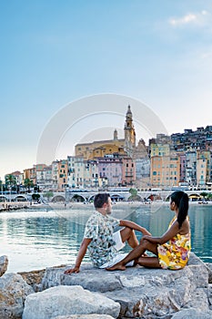 View on old part of Menton, Provence-Alpes-Cote d& x27;Azur, France during summer