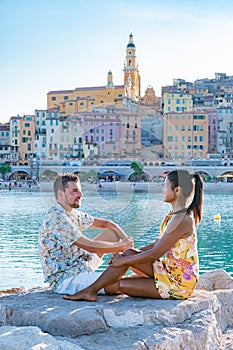 View on old part of Menton, Provence-Alpes-Cote d& x27;Azur, France during summer