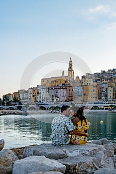 View on old part of Menton, Provence-Alpes-Cote d& x27;Azur, France during summer