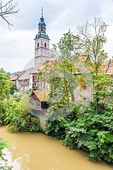 View at the Old part of Skofja Loka with Selca Sora river and Belltower of Saint Jacob church - Slovenia