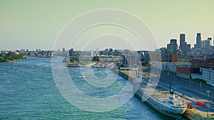 View of old port area with large ship, middel of the summer, Montreal, Canada