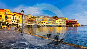 View of old port of Chania. Landmarks of Crete island. Greece. Bay of Chania at sunny summer day, Crete Greece. View of the old
