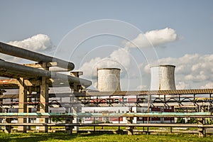 View of old power plant with big concrete furnaces . Fallen chemical communist industry