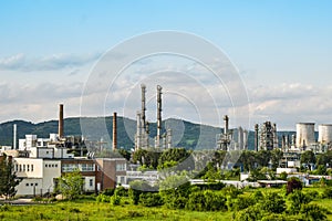 View of old power plant with big concrete furnaces . Fallen chemical communist industry