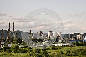 View of old power plant with big concrete furnaces . Fallen chemical communist industry