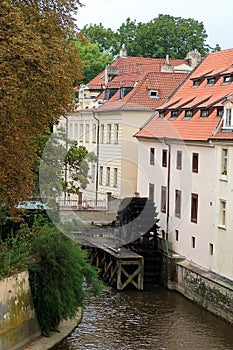 View of old Prague watermill wheel