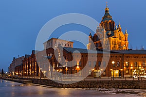 View of old red brick buildings on the waterfront, Helsinki, Finland.