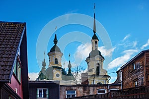 View of old residential areas of Parnu Estonia and roof of the Church of St. Catherine the Great Martyr The Estonian Orthodox