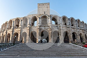 View on old Roman Arena in ancient french town Arles, touristic destnation with Roman ruines, Bouches-du-Rhone, France