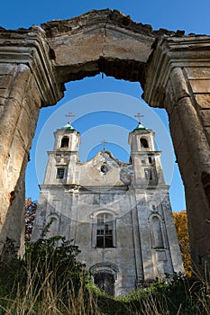 View of old ruined catholic church of the Holy Trinity in Benitsa, Belarus